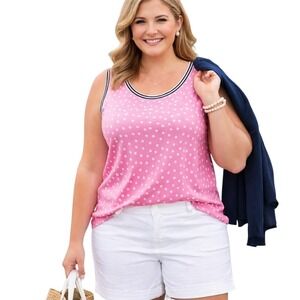 Talbots Plus Size 1X Tank Top Pink White Polka Dot Sleeveless Knit Preppy 1716